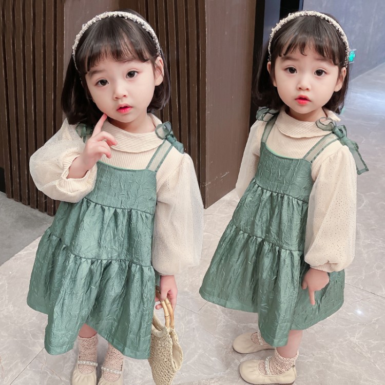 90 130 スウィート 韓国 長袖 切り替え ｔシャツ ワンピース 子供 服 女の子 2点セットアップ Bear Com